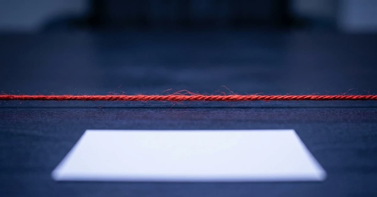 A taut red thread drawn across a dark desk, a blank card on the near side
