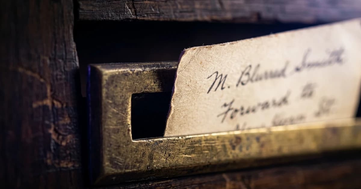 A forwarding-address card left in a mailbox slot, ready for after you leave