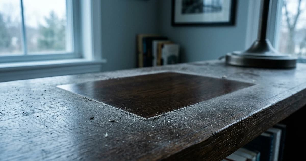 A clean outline in the dust where an object used to stand, now gone