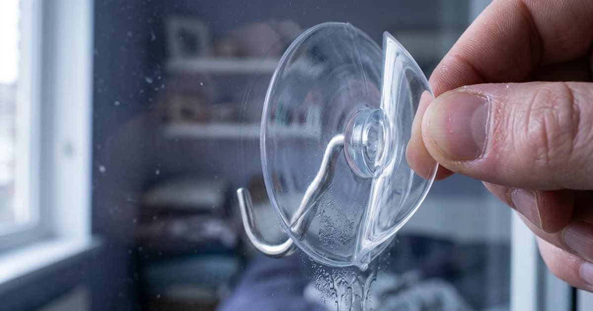 A suction hook being peeled away from a pane of glass as the seal breaks
