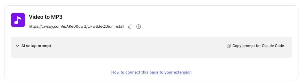An extension's uninstall feedback link with a copyable setup prompt for an AI coding assistant